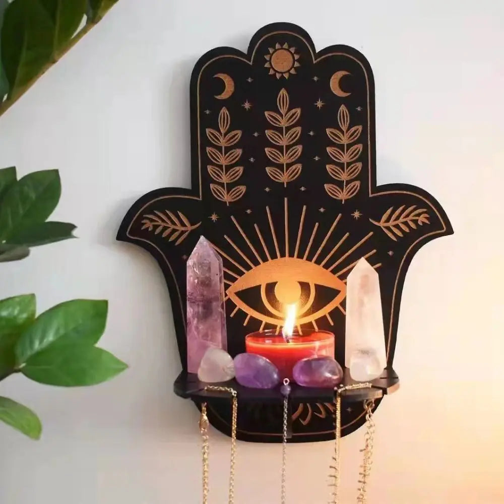 Wooden Carving Crystal Display Stand – Rustic Hanging Candle Holder, Home Decor Shelf for Crystals, Candles, and Essential Oils