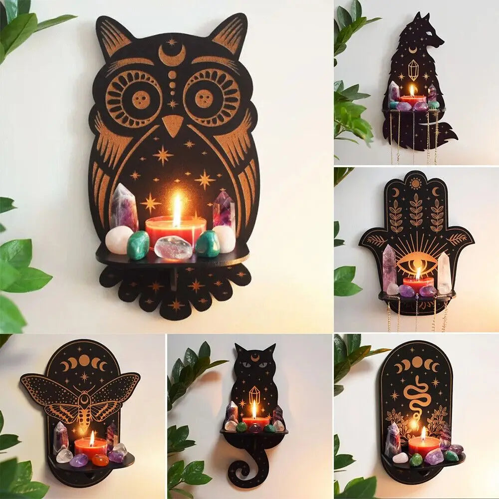 Wooden Carving Crystal Display Stand – Rustic Hanging Candle Holder, Home Decor Shelf for Crystals, Candles, and Essential Oils